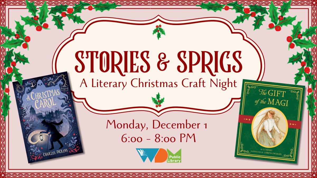 Graphic reading "Stories and Sprigs: A Literary Christmas Craft Night"