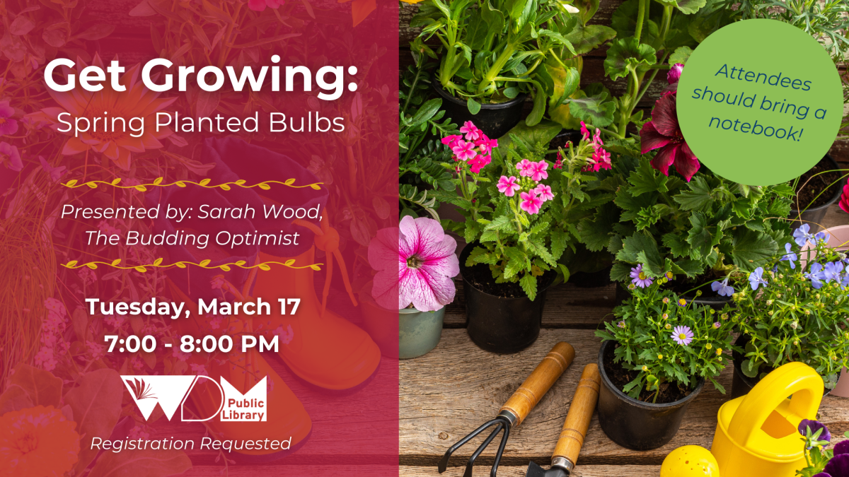 photo of flowers in pots; date/time of program