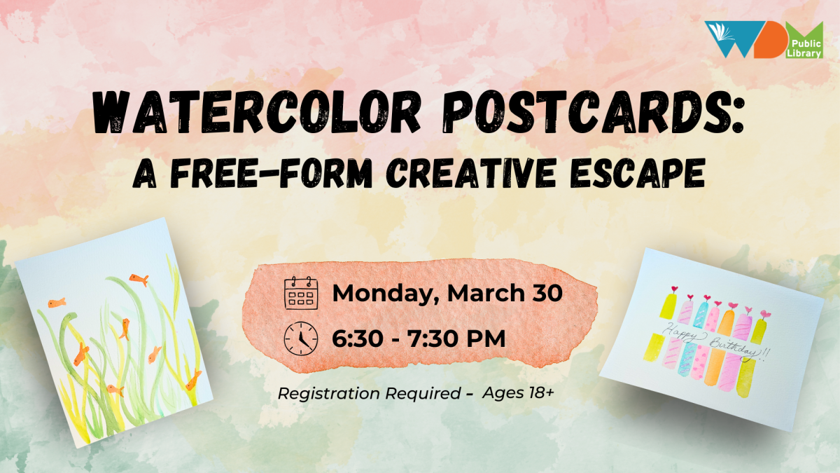 examples of 2 postcards with watercolor designs; date/time of program